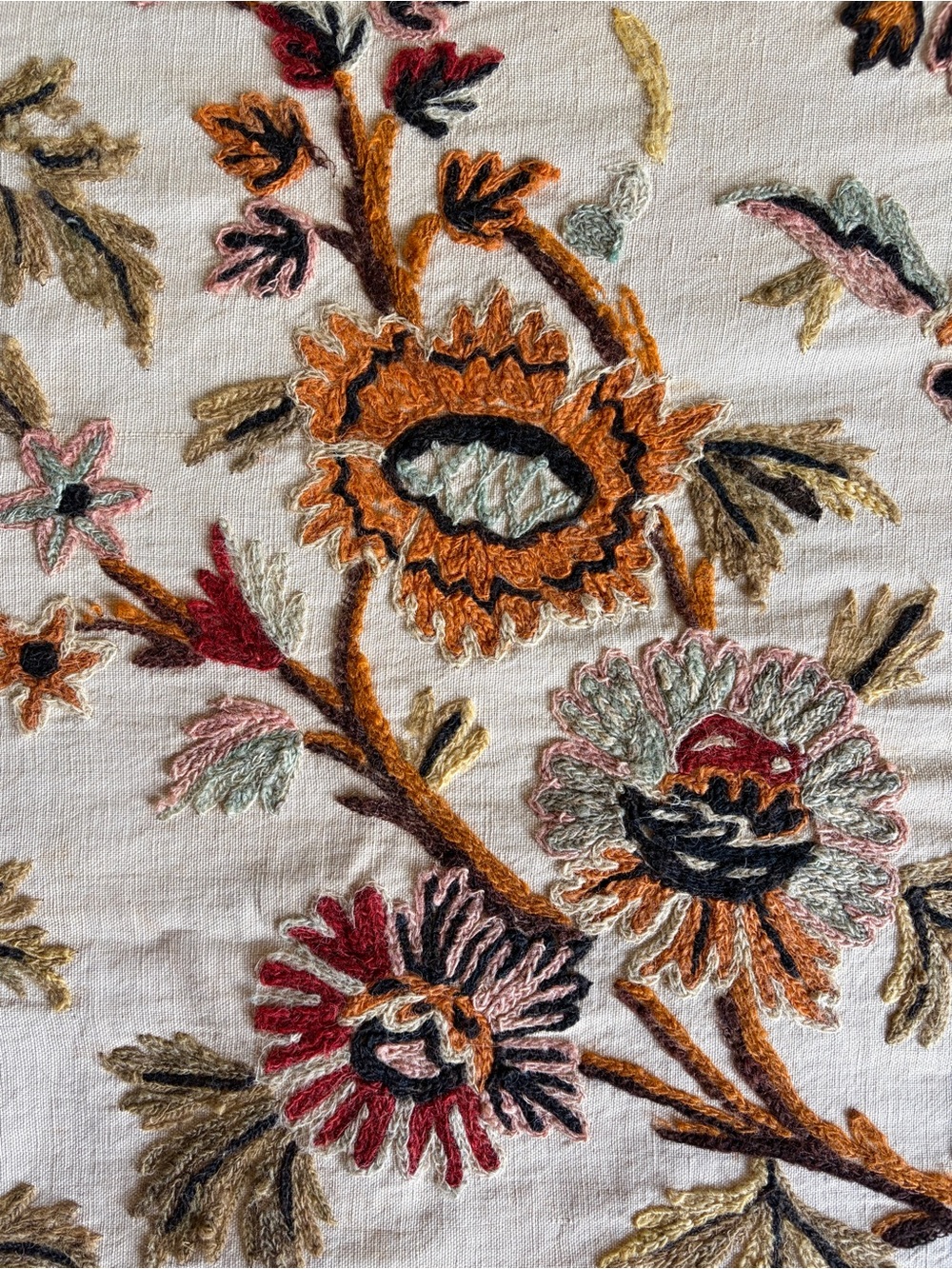 Crewel Bedspread Antique Embroidered Linen Panels Kashmir Tapestry Coverlet